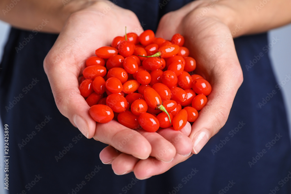 Woman holding fresh goji berries, closeup view Woman holding fresh goji berries, closeup view