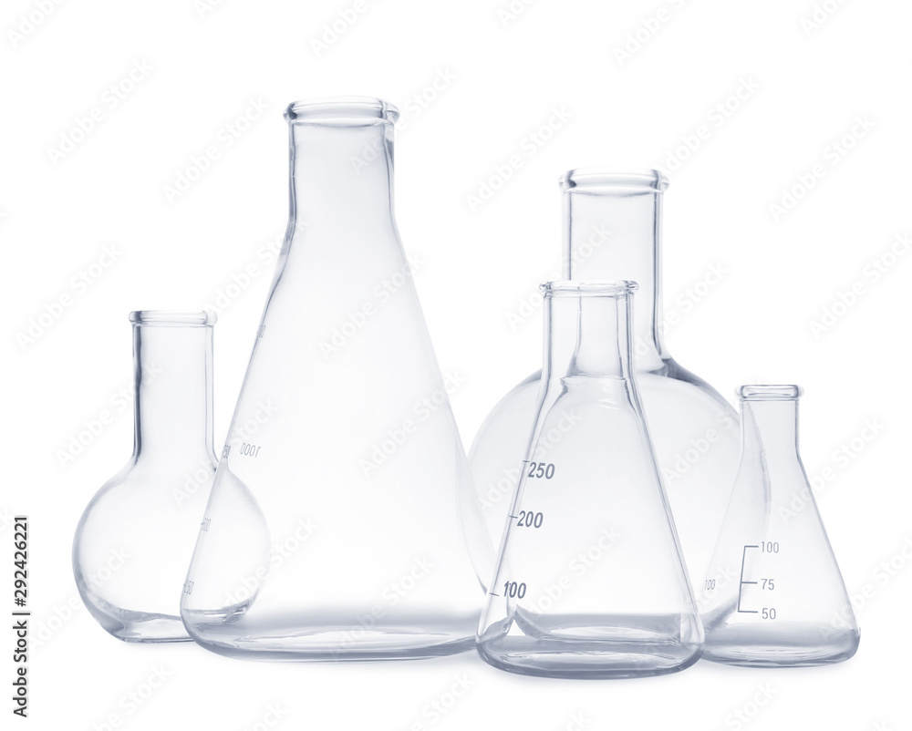 Set of empty laboratory glassware on white background Set of empty laboratory glassware on white background