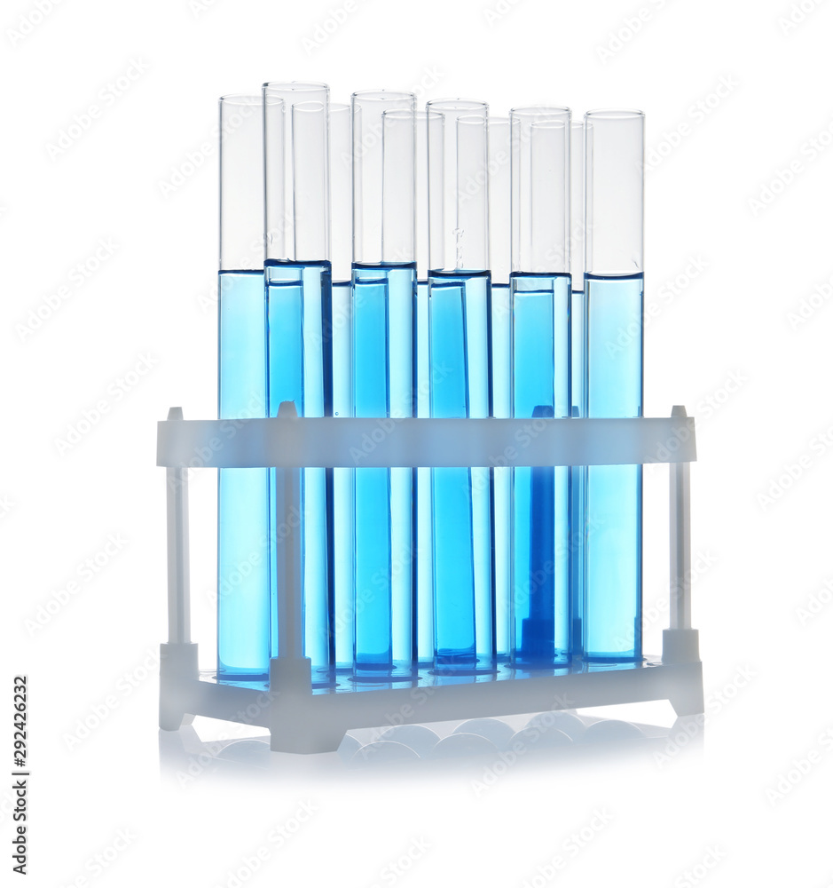 Test tubes with blue liquid on white background. Laboratory glassware Test tubes with blue liquid on white background. Laboratory glassware