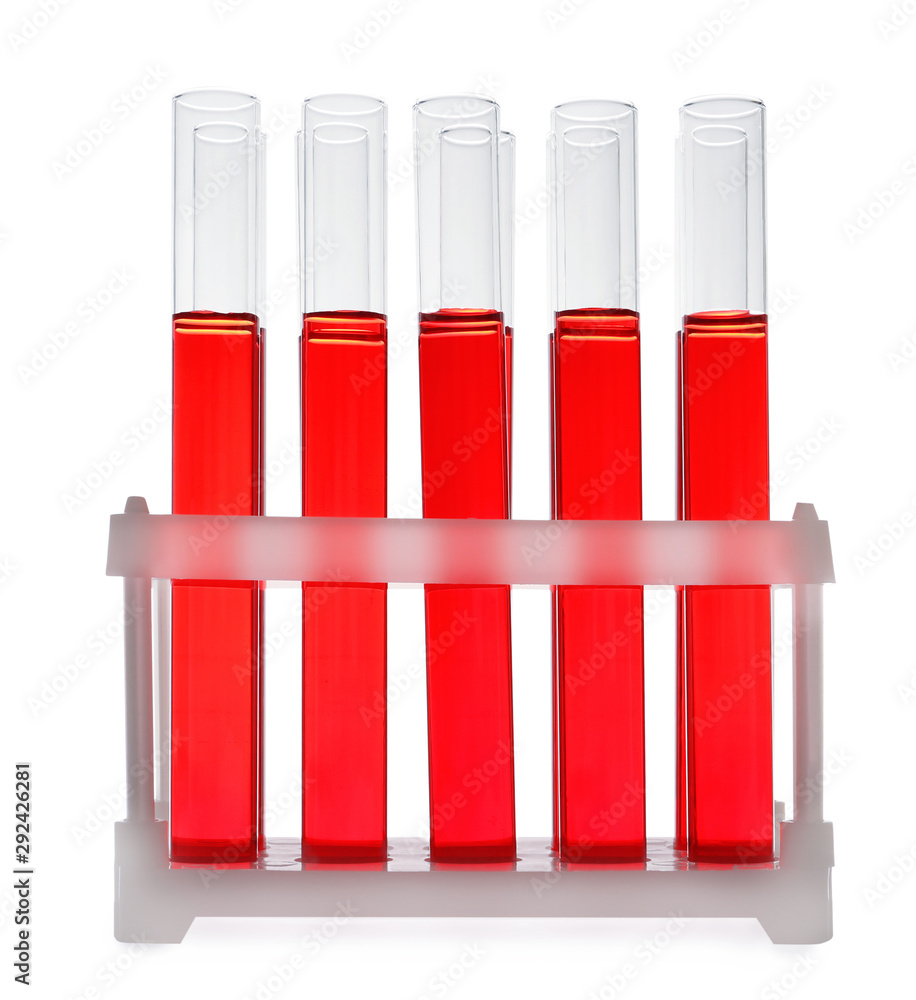 Test tubes with red liquid on white background. Laboratory glassware Test tubes with red liquid on white background. Laboratory glassware