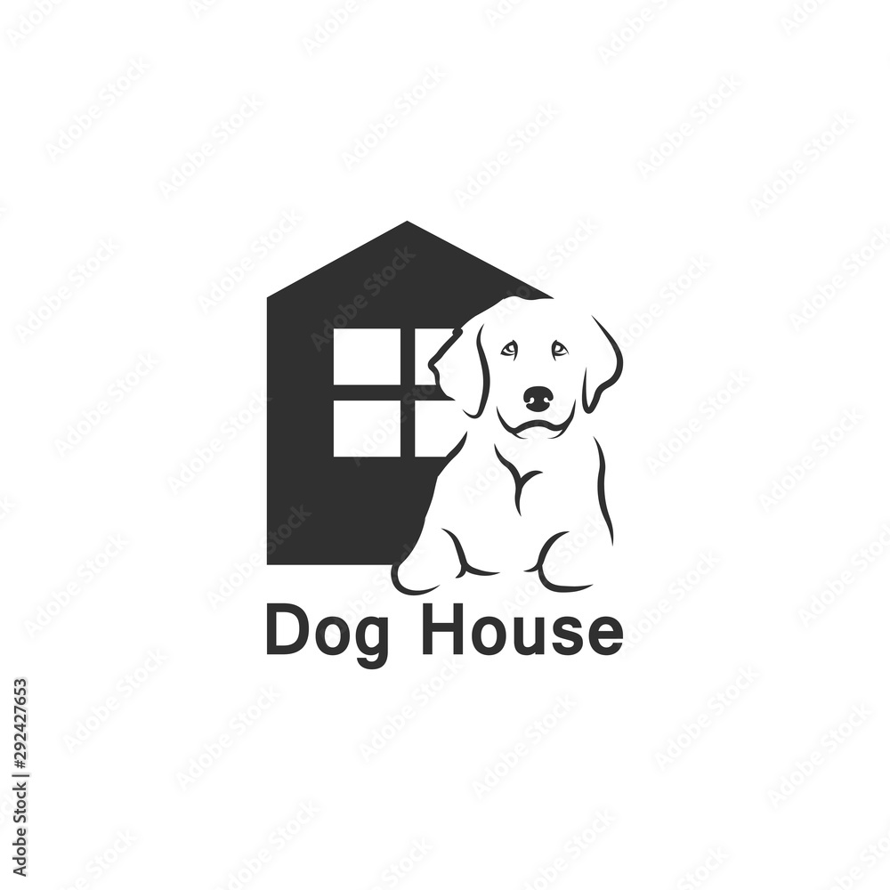 Diseño de logotipo de hogar para perros. Logo de albergue para mascotas sin hogar. Casa y perro minimalista. Formas negativas de presentación