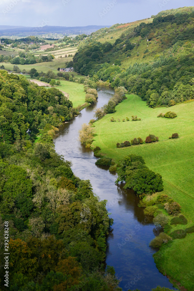 The river Wye flowing through a rural valley viewed from the Symonds Yat Rock visitors' centre in the Forest of Dean, Gloucestershire, England UK.