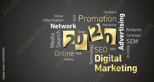 Digital Marketing New Year 2020 gold white word cloud black board background