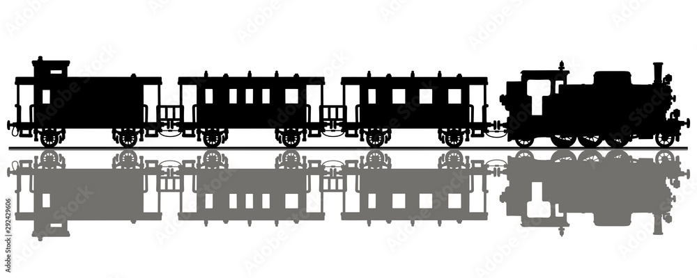 The black silhouette of a vintage passenger steam train