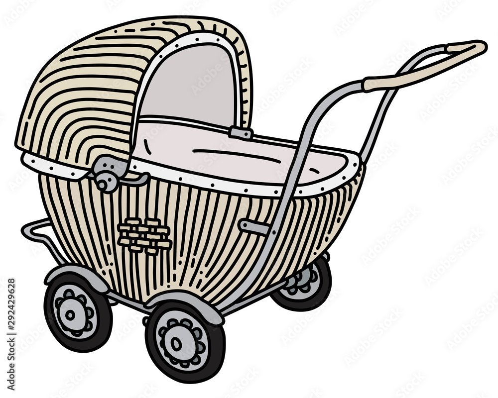 The vectorized hand drawing of a retro light wicker stroller