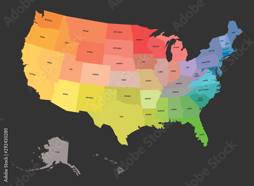 Map of USA, United States of America, in colors of rainbow spectrum. With state names