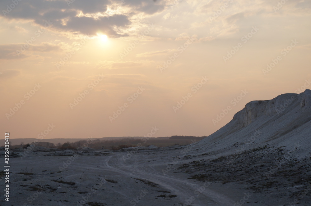 Beautiful landscape in a chalk quarry at sunset