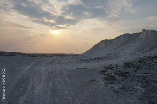 Beautiful landscape in a chalk quarry at sunset