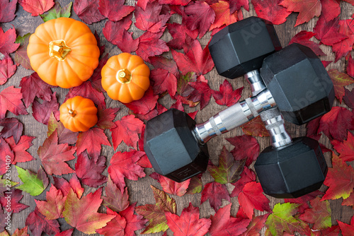Fototapeta Naklejka Na Ścianę i Meble -  Pair of crossed dumbbells on a rustic wood background covered in fall color of red, green, yellow, and orange maple leaves, with ceramic pumpkins