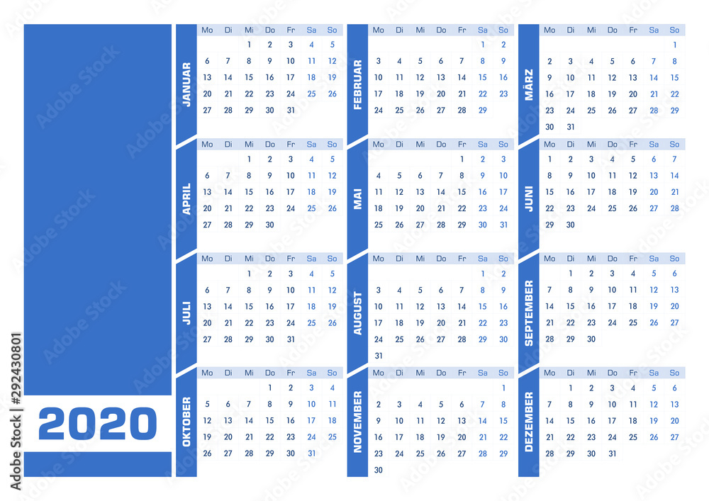 Blue 2020 German calendar. Printable landscape version Stock Vector