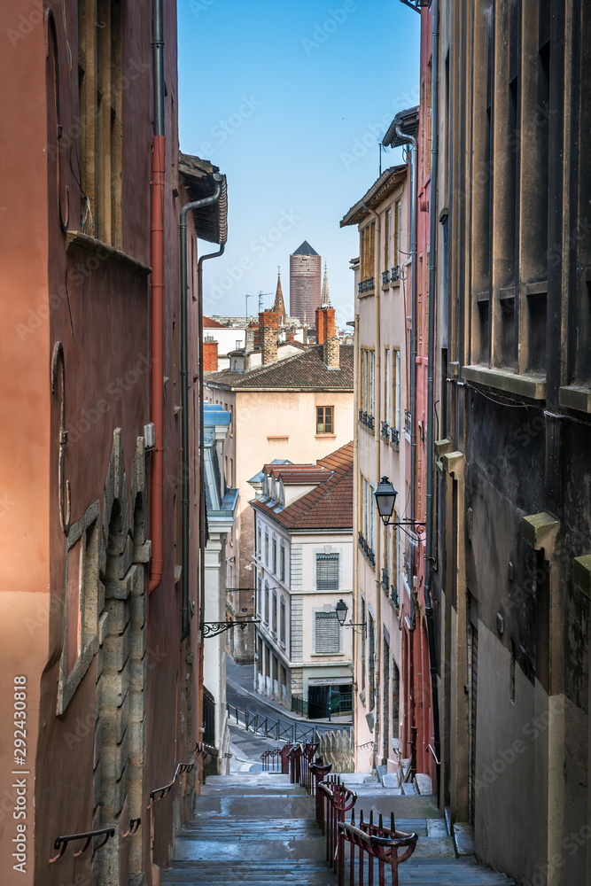 Old streets of Lyon city, France