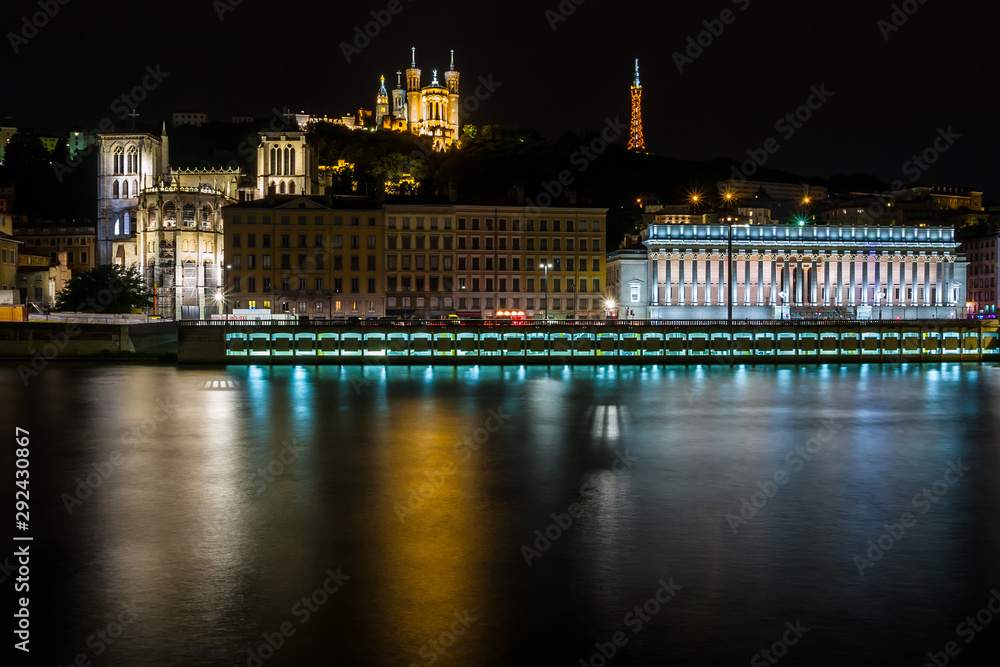 night view from Lyon city near the Fourviere cathedral