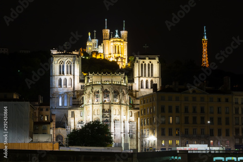 Night view of Lyon with the The "La Fourviere" Church