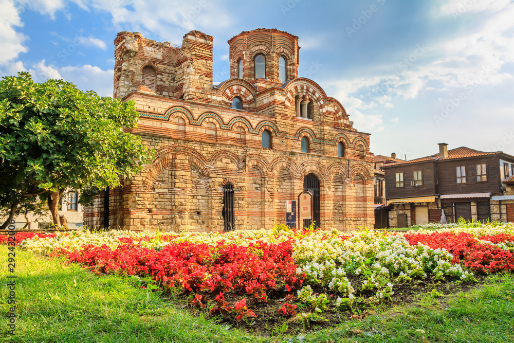Cityscape with historic buildings - view of the Church of Christ Pantocrator in the Old Town of Nesebar, in Burgas Province on the Black Sea coast of Bulgaria