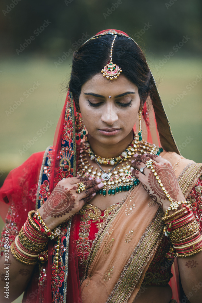 A portrait of a beautiful indian bride in sari.