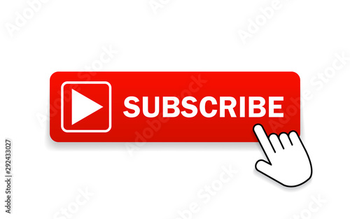 Red button subscribe of channel with hand cursor. Subscribe button in flat style. Label subscribe for video channel for website. vector