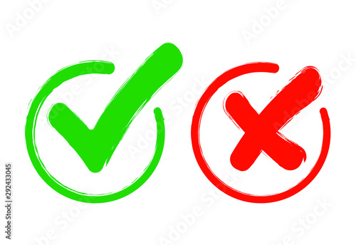 Check mark icon set. Gree tick and red cross flat simbol. Check ok, YES or no, X marks for vote, decision, web.Correct and incorrect sign. Right, wrong icons.vector eps10