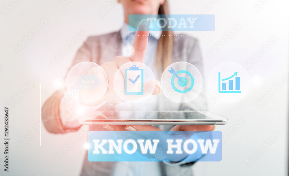 Obraz premium Text sign showing Know How. Business photo text The process to learn of doing things you will do for the first time Female human wear formal work suit presenting presentation use smart device