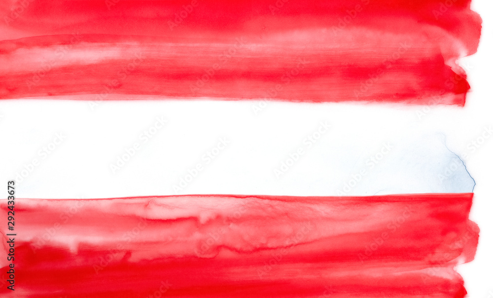 Obraz premium Flag of Austria watercolour illustration. Horizontal triband with red and white. Hand drawn water color artistic paint; beautiful texture for creative design, banner, cover, template, greeting card.