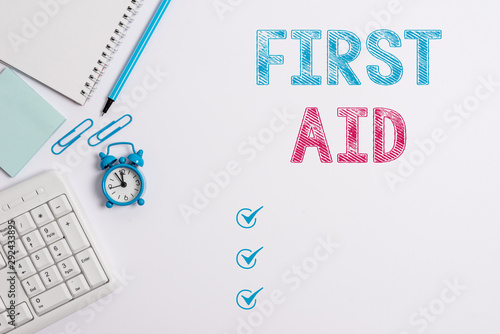 Word writing text First Aid. Business photo showcasing Practise of healing small cuts that no need for medical training Business concept with blank white space for advertising and text message photo