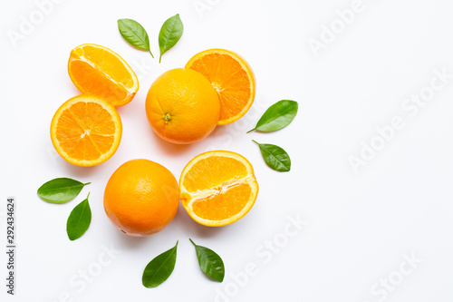Fototapete Fresh orange citrus fruit with leaves isolated on white background