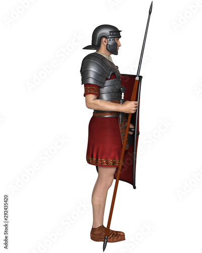 Illustration of an Imperial Roman legionary soldier wearing lorica segmentata armour, right side view, 3d digitally rendered illustration