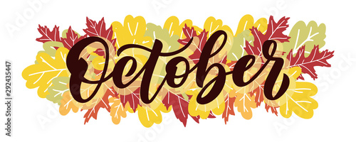 October, vector script with decorative white and red oak leaves elements. Hand drawn brush lettering for autumn events, posters, and banners.