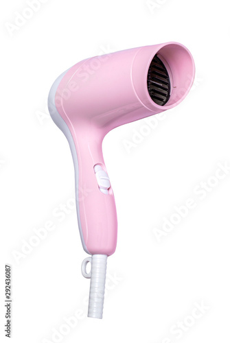 Pink hair dryer on a white background