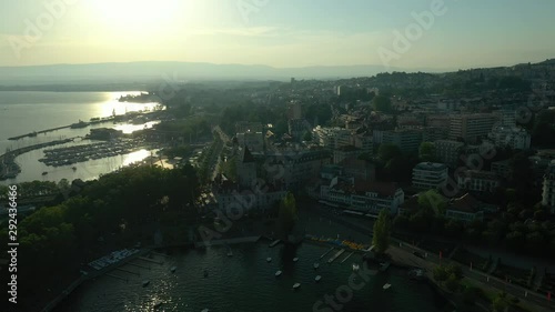 sunset evening time lausanne city traffic bay dock aerial panorama 4k switzerland