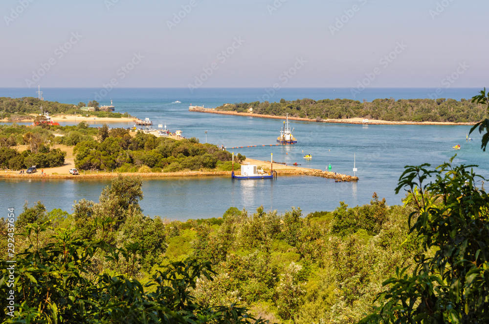 View of the Bullock and Rigby Islands and a man-made entrance into the Gippsland Lakes from the Lake Entrance Lookout - Lakes Entrance, Victoria, Australia