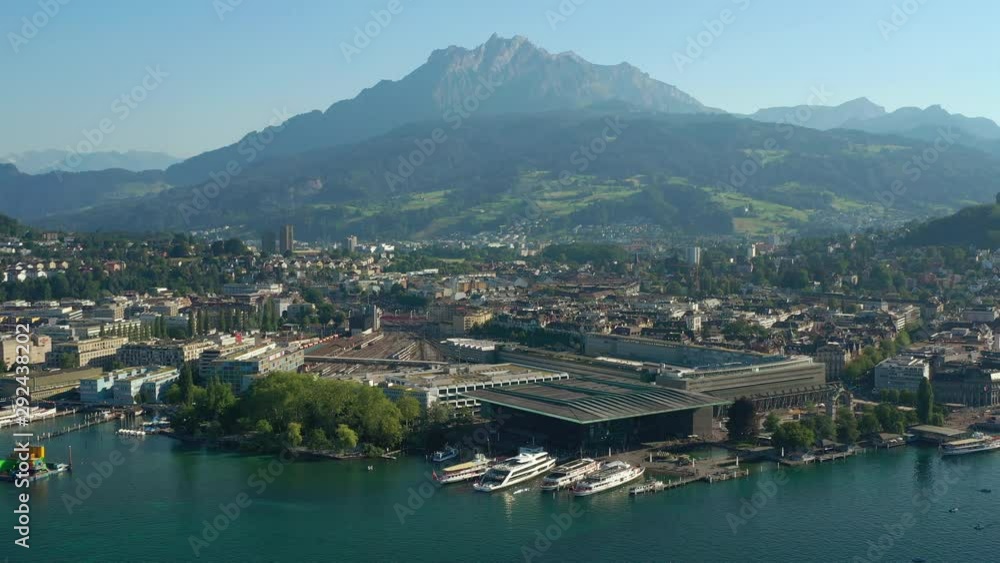 flight over luzern cityscape sunny evening lakeside bay aerial panorama 4k switzerland flight over luzern cityscape sunny evening lakeside bay aerial panorama 4k switzerland