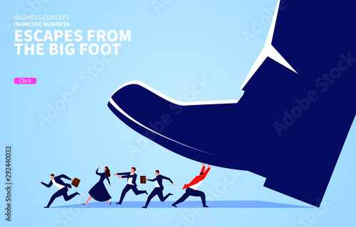 Businessman in red suit fights huge feet to help his companion escape danger