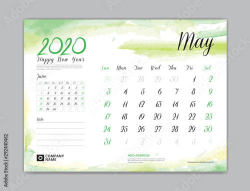 Calendar for 2020 year template, May month, Desk Calendar 2020, week start on sunday, planner design, stationery, business printing, watercolor background, vector eps10,  8 x 6 inch size