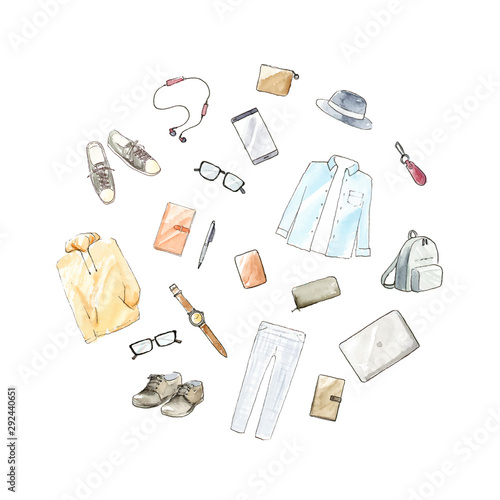 メンズ カジュアル ファッション 小物 水彩イラスト 円 Stock Vector Adobe Stock メンズ カジュアル ファッション 小物 水彩イラスト 円 Stock Vector Adobe Stock