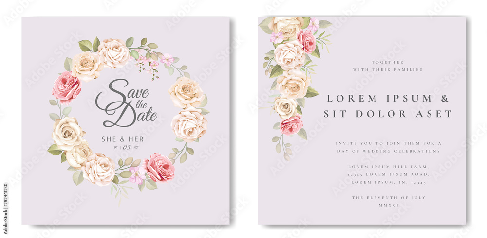 beautiful wedding invitation card with floral and leaves template