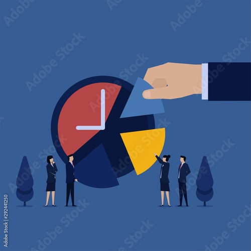 Business flat vector concept team put piece of pie to clock metaphor of time management.