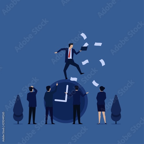 Business flat vector concept businessman juggling above clock with laptop and paperwork metaphor of time management.