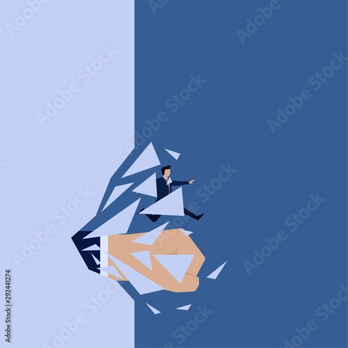 Business flat vector concept hand break the wall and businessman run through it.