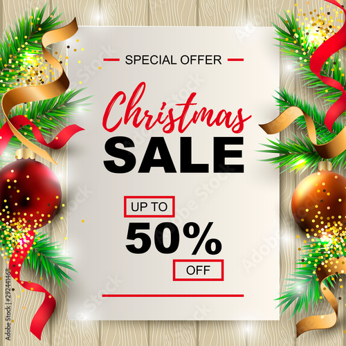 Christmas sale banner with fir-tree, red and gold balls on wood background with paper sheet. Place for text. Great for christmas fair, poster, invitation, flyer, greeting card. Vector illustration.