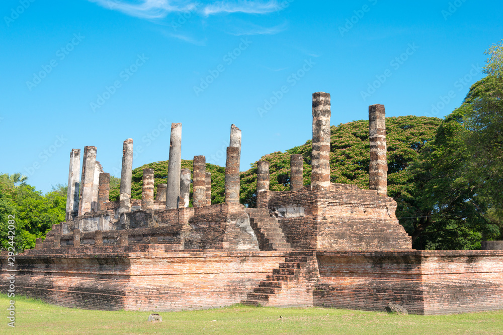 Sukhothai, Thailand - Apr 08 2018: Wat Mai in Sukhothai Historical Park, Sukhothai, Thailand. It is part of the World Heritage Site - Historic Town of Sukhothai and Associated Historic Towns.
