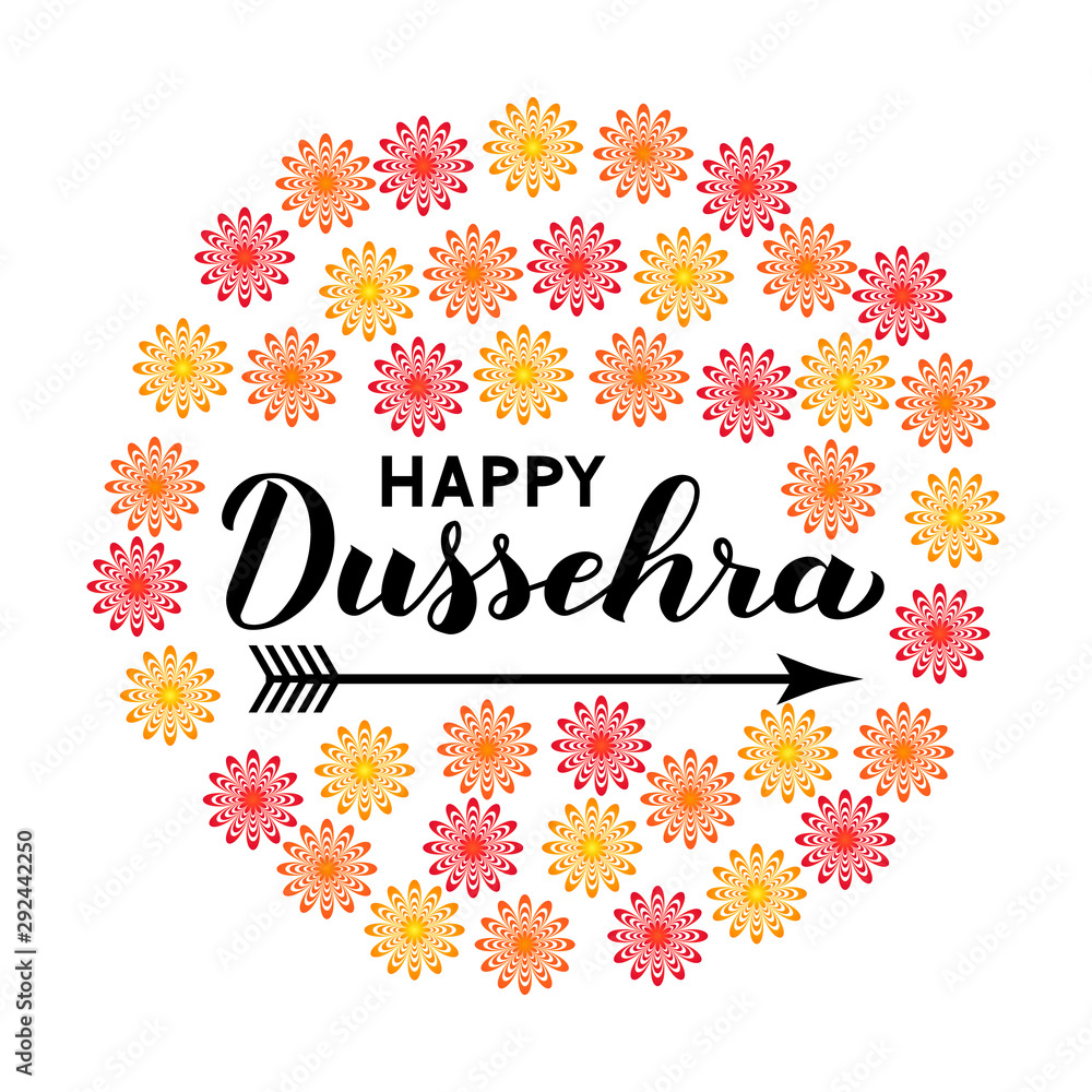 Happy Dussehra hand lettering with arrow. Traditional Indian holiday vector illustration. Easy to edit template for greeting card, typography poster, banner, flyer, invitation, etc. Happy Dussehra hand lettering with arrow. Traditional Indian holiday vector illustration. Easy to edit template for greeting card, typography poster, banner, flyer, invitation, etc.