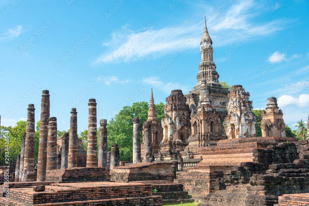 Sukhothai, Thailand - Apr 08 2018: Wat Mahathat in Sukhothai Historical Park, Sukhothai, Thailand. It is part of the World Heritage Site - Historic Town of Sukhothai and Associated Historic Towns.