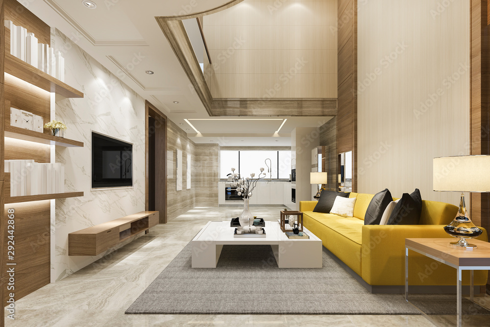3d rendering modern dining room and yellow living room with luxury decor high ceiling 3d rendering modern dining room and yellow living room with luxury decor high ceiling