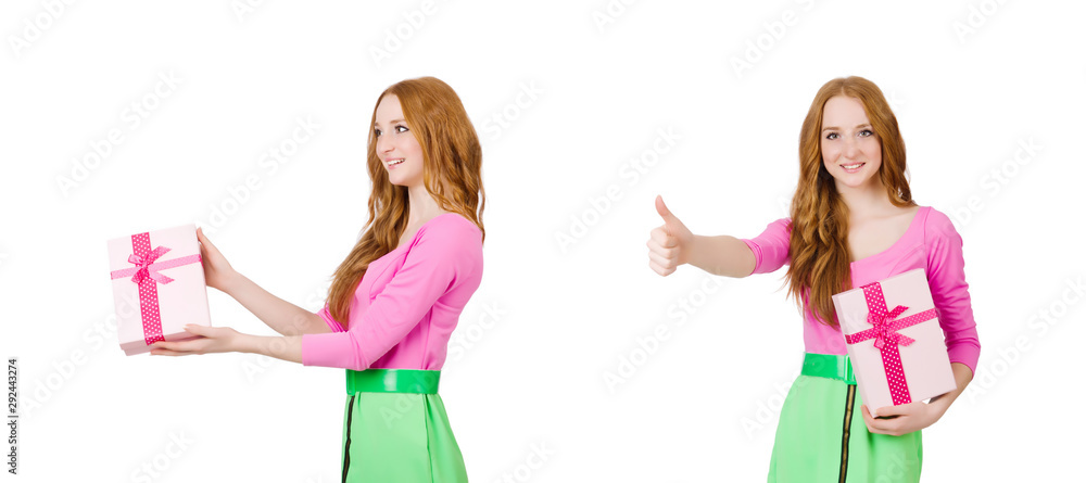 Young woman with christmas shopping on white Young woman with christmas shopping on white