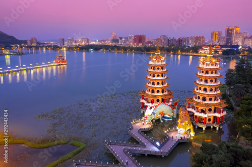 Aerial view Lotus Pond's Dragon and Tiger Pagodas at night. kaohsiung city. Taiwan photo