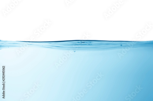 Blue water splashs wave surface with bubbles of air on white background. photo