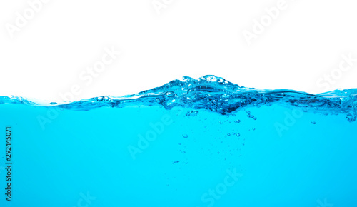 Blue water splash wave surface with bubbles of air on white background.