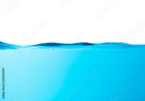 Blue water splashs wave surface with bubbles of air on white background. © chaiwat
