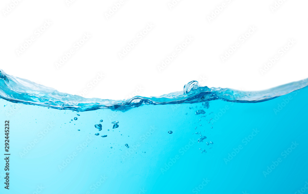 Blue water splashs wave surface with bubbles of air on white background. Blue water splashs wave surface with bubbles of air on white background.