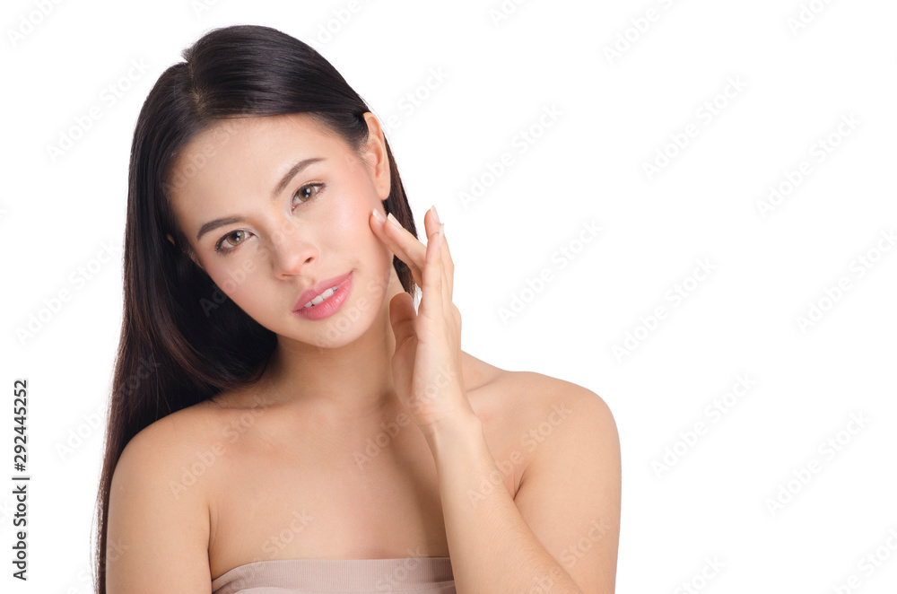 asian young beautiful woman smiling and touching her face, isolated over white background. natural makeup, SPA therapy, skincare, cosmetology and plastic surgery concept